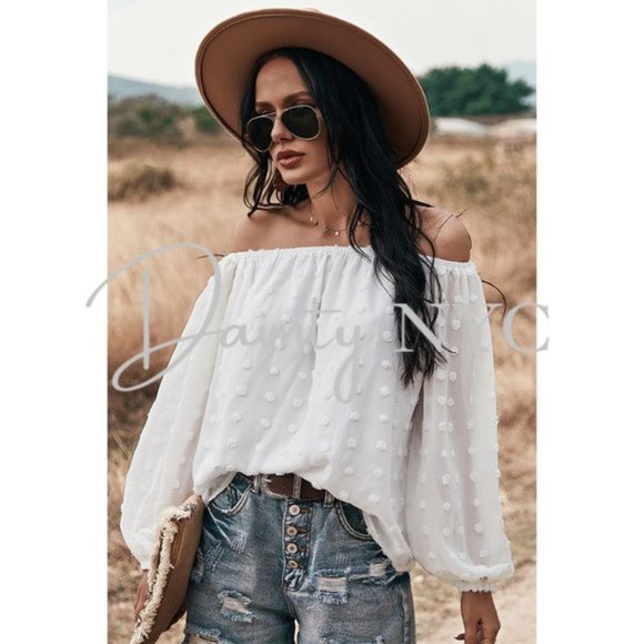 Boho Off Shoulder Loose Bubble Sleeve Top Gypsy - Picture 3 of 8